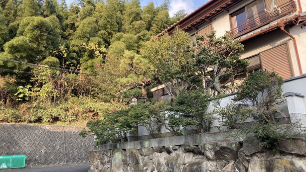 A traditional Japanese house with a stone wall and a view of a forest. - Piano Guest House (Sango)
