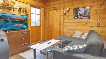 Ein Holzinnenraum mit Fernseher, Sofa und einem Fenster.