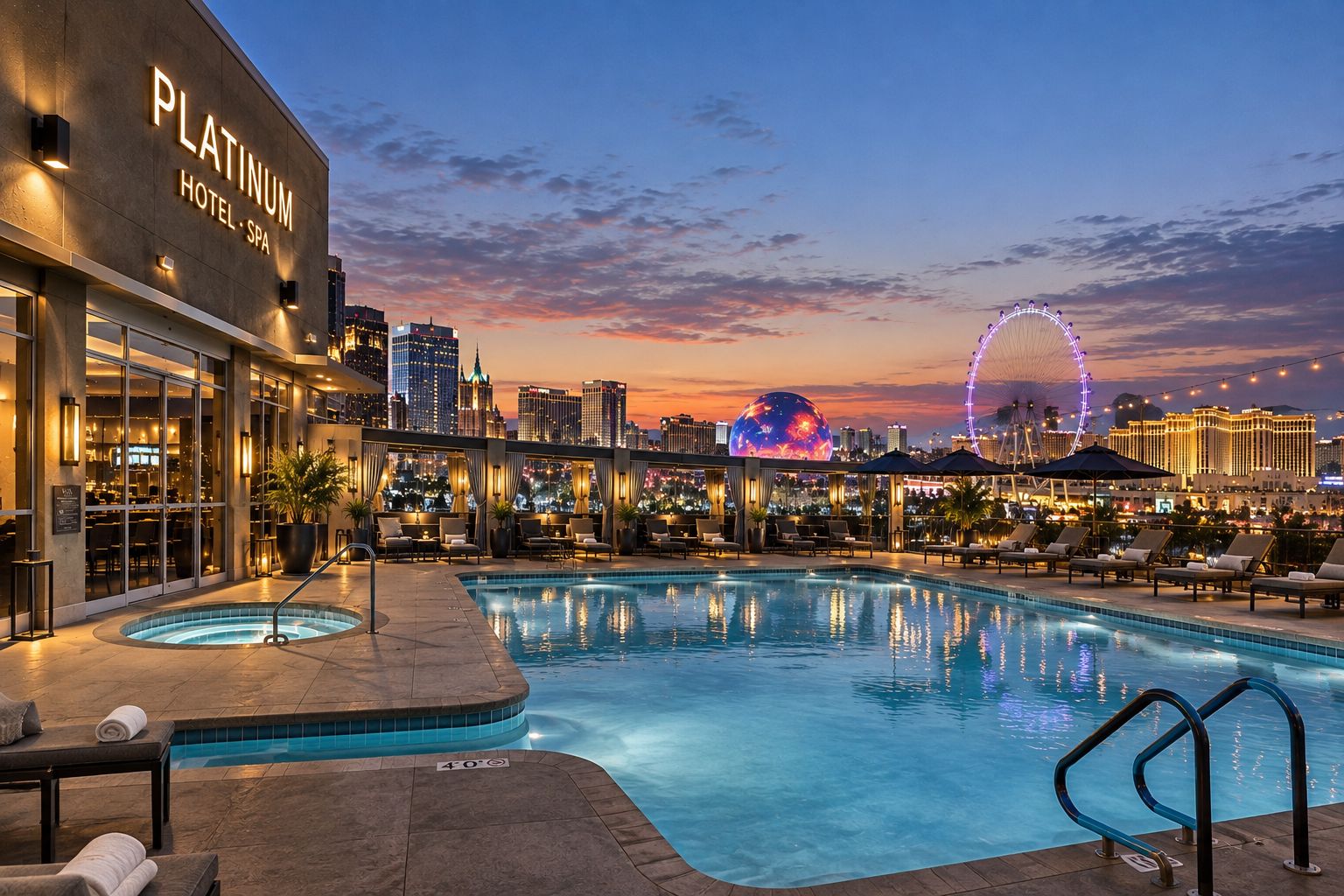 Un hotel con piscina, sala de estar y vistas al horizonte de la ciudad.