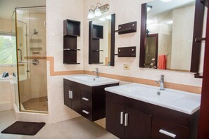 Hair dryer, towels, soap, shampoo