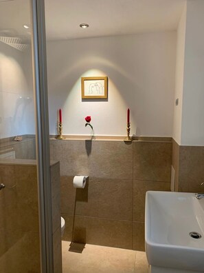 Douche, séchoir à cheveux, serviettes fournies, savon