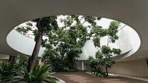 A circular atrium with a wooden floor, surrounded by large trees and various plants. - Cozy Seaside Studio with Balcony Scenic Ocean View (Lapu-Lapy City)
