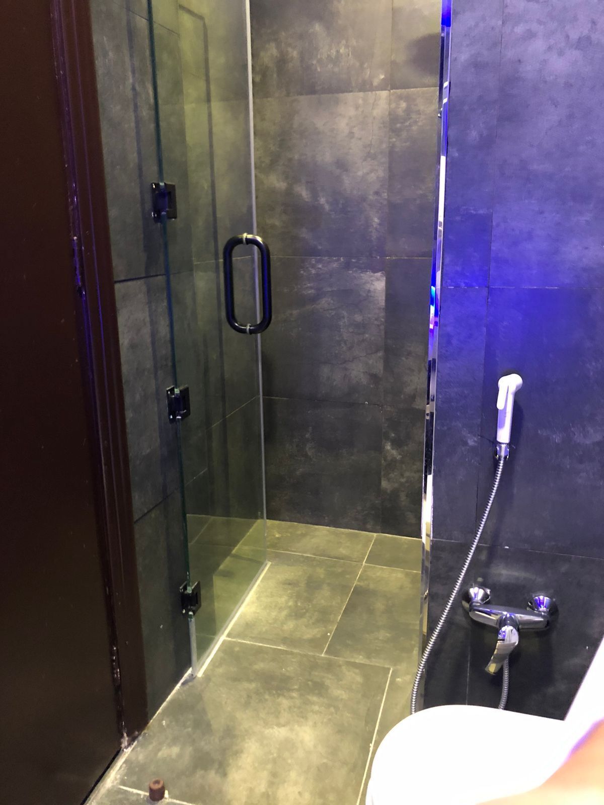 A glass-enclosed shower stall with a handheld showerhead and a wall-mounted faucet.