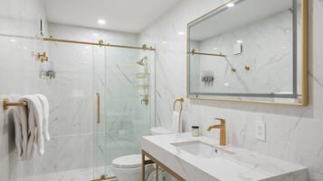 Shower, hair dryer, towels, soap