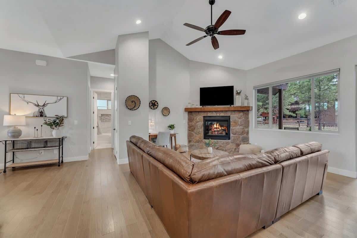 Televisio, takka, työhuone