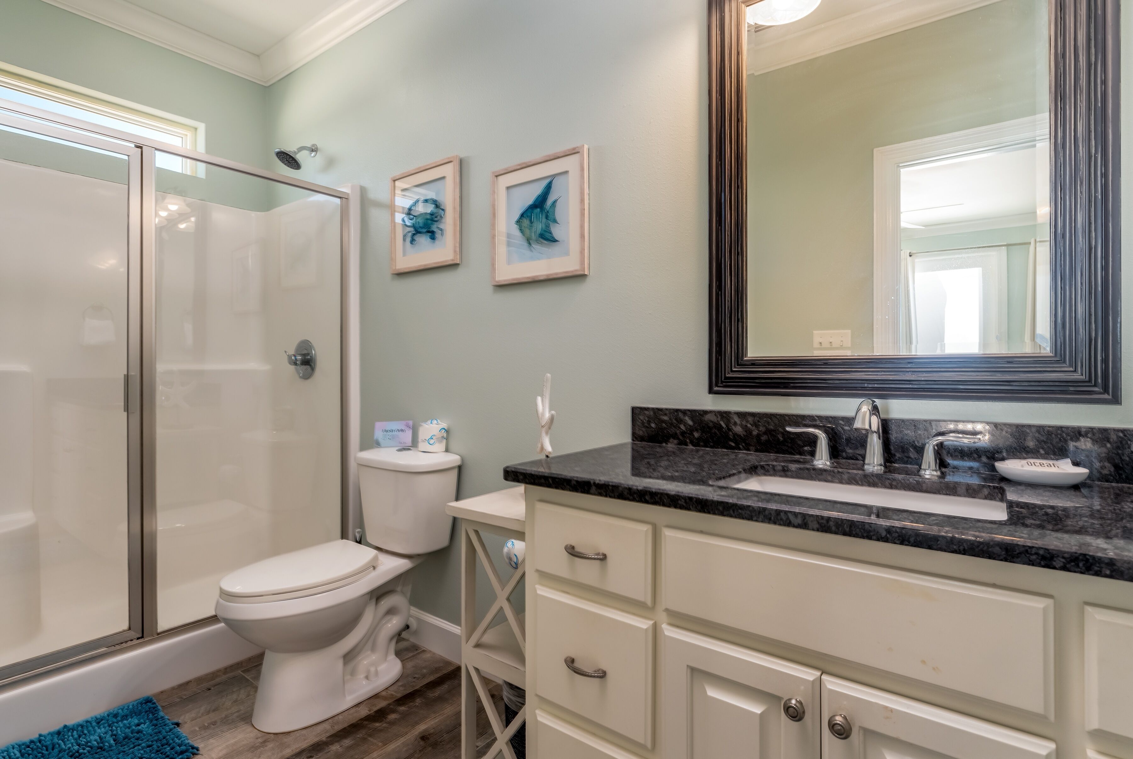 A bathroom with a shower, toilet, vanity with a sink, and two framed pictures on the wall.