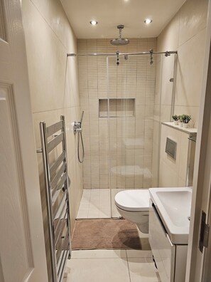 Hair dryer, towels, soap, toilet paper