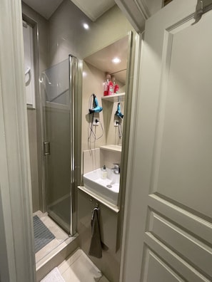 Hair dryer, towels, soap, toilet paper