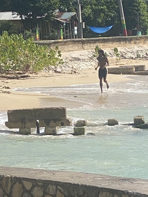 A beach scene with a person running towards the water, a sandy shore, and some vegetation.