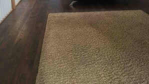 Un couloir étroit, avec un canapé noir et un tapis beige, qui mène à une chambre à coucher équipée d’un lit et d’une lucarne.