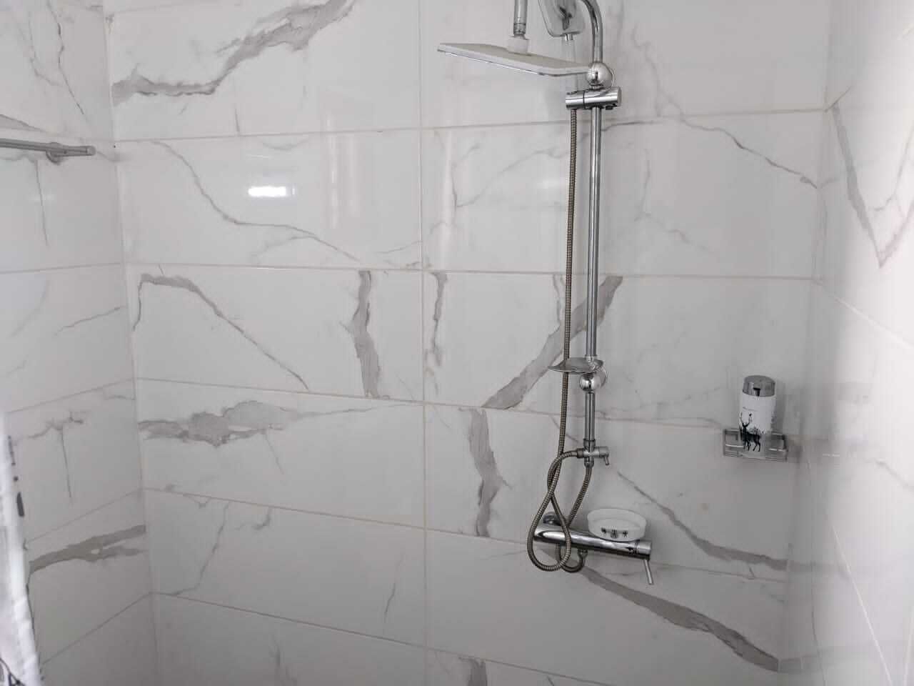 Eine Dusche mit Duschbrause, Wandarmatur und Handbrause.