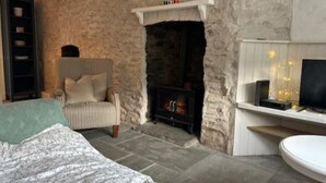 Una habitación acogedora con chimenea de piedra, un sillón a rayas, una estantería y un televisor.