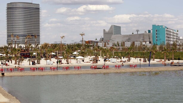 Zona costera con playa, palmeras y una masa de agua. Hay sillas y sombrillas rojas, y un edificio alto al fondo.