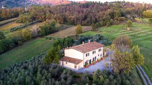 A two-story building with a tiled roof, surrounded by vineyards and trees. - Villa Amore, a Romantic Hilltop Farmhouse in Lucca (Lucca)