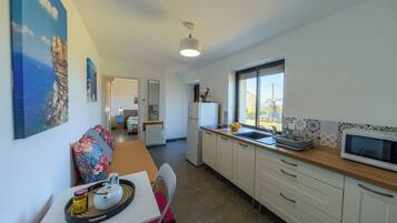 Fridge, microwave, stovetop, coffee/tea maker