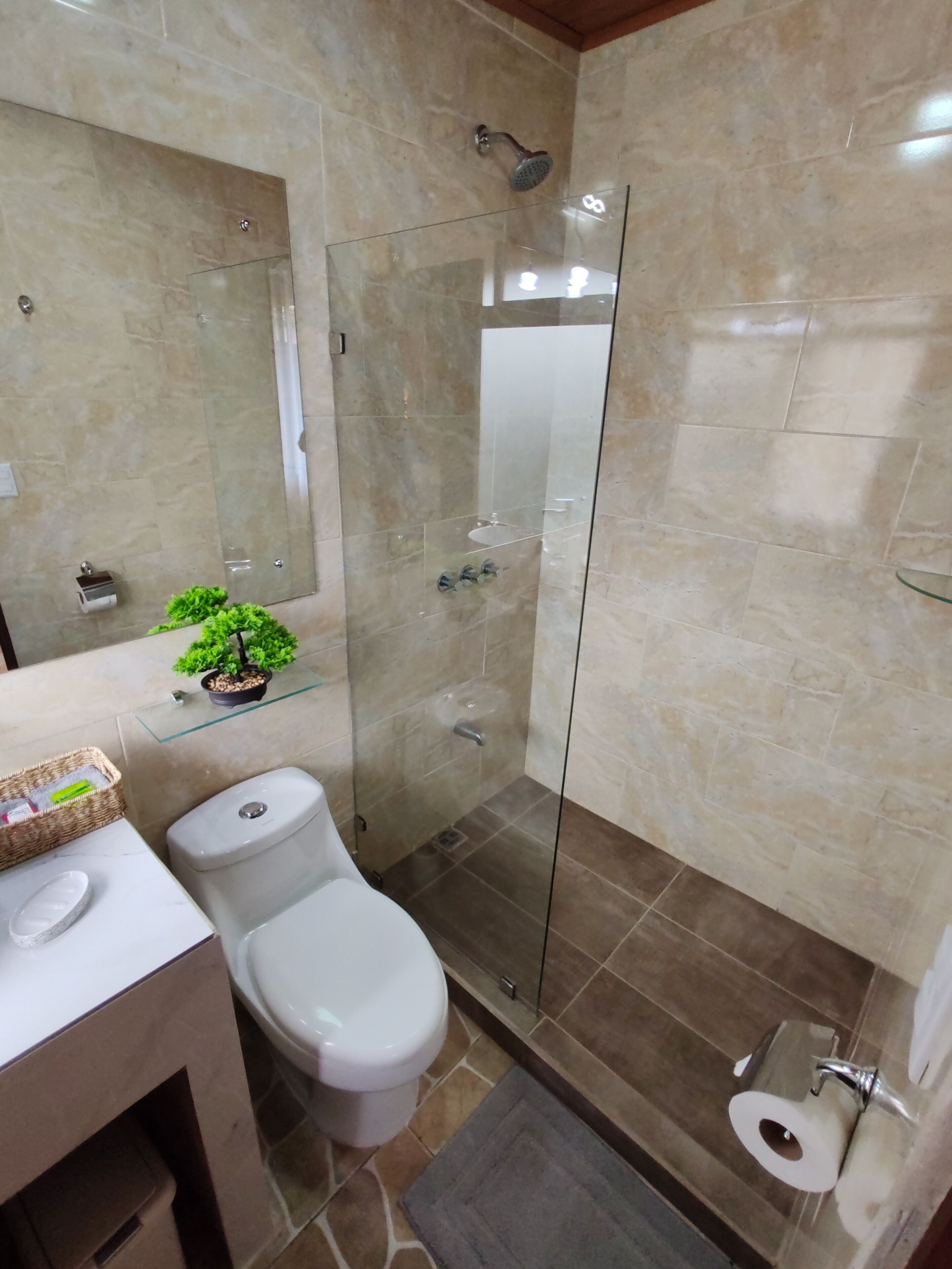 Een douche, een haardroger, handdoeken, shampoo