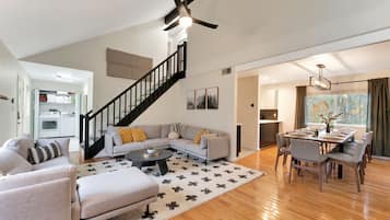 Smart TV, fireplace, video games, foosball
