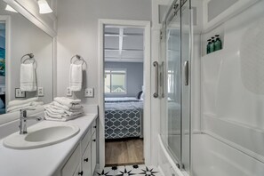 Hair dryer, towels, soap, shampoo