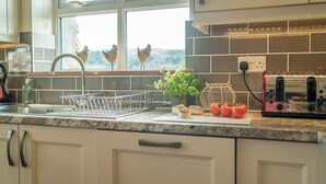 Une cuisine dotée d’un plan de travail en granit, d’un évier en acier inoxydable, d’un grille-pain et d’une fenêtre décorée de motifs de poulets.