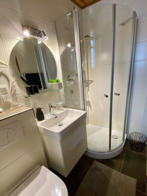 Ducha, secador de pelo, toallas y jabón