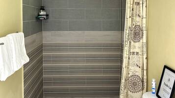 Hair dryer, towels, soap, shampoo