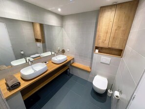 Shower, hair dryer, towels, toilet paper