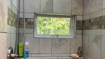 Shower, hair dryer, towels, soap