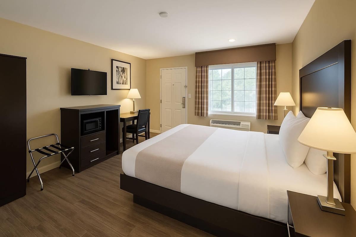 A hotel room with a large bed, a desk with a chair, a television, and a window with curtains.
