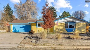 A two-story house with a blue garage, a front yard with a small tree, and a clear sky.