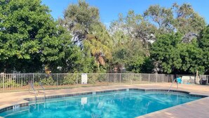 A rectangular swimming pool with a tiled deck, surrounded by a metal fence and trees. - Entire apartment 10 min from Clearwater Beach
 (Clearwater)