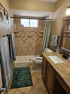 Shower, towels, toilet paper