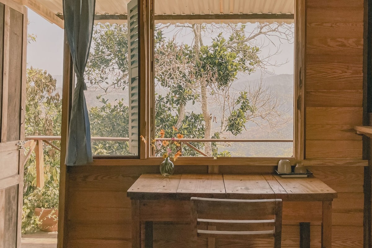 A wooden room with a desk and chair, a window with a view of trees and mountains, and a shelf with books.