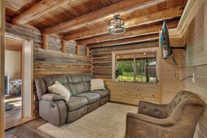 TV, fireplace - Log Cabin in the Woods. Sauna. Wood Fireplace. Pet Friendly. (Pillager)