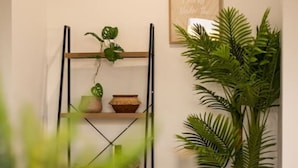 Una habitación con una estantería que alberga plantas y un cuadro en la pared.