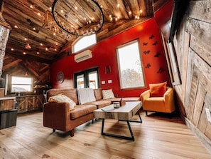 Smart TV, fireplace, books, offices