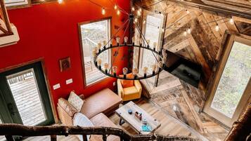 Smart TV, fireplace, books, offices