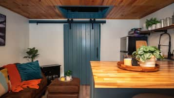 Smart TV, fireplace, books, offices