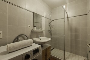 Shower, hair dryer, towels