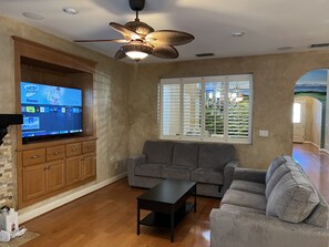 TV connectée, cheminée, lecteur de DVD, chaîne hi-fi