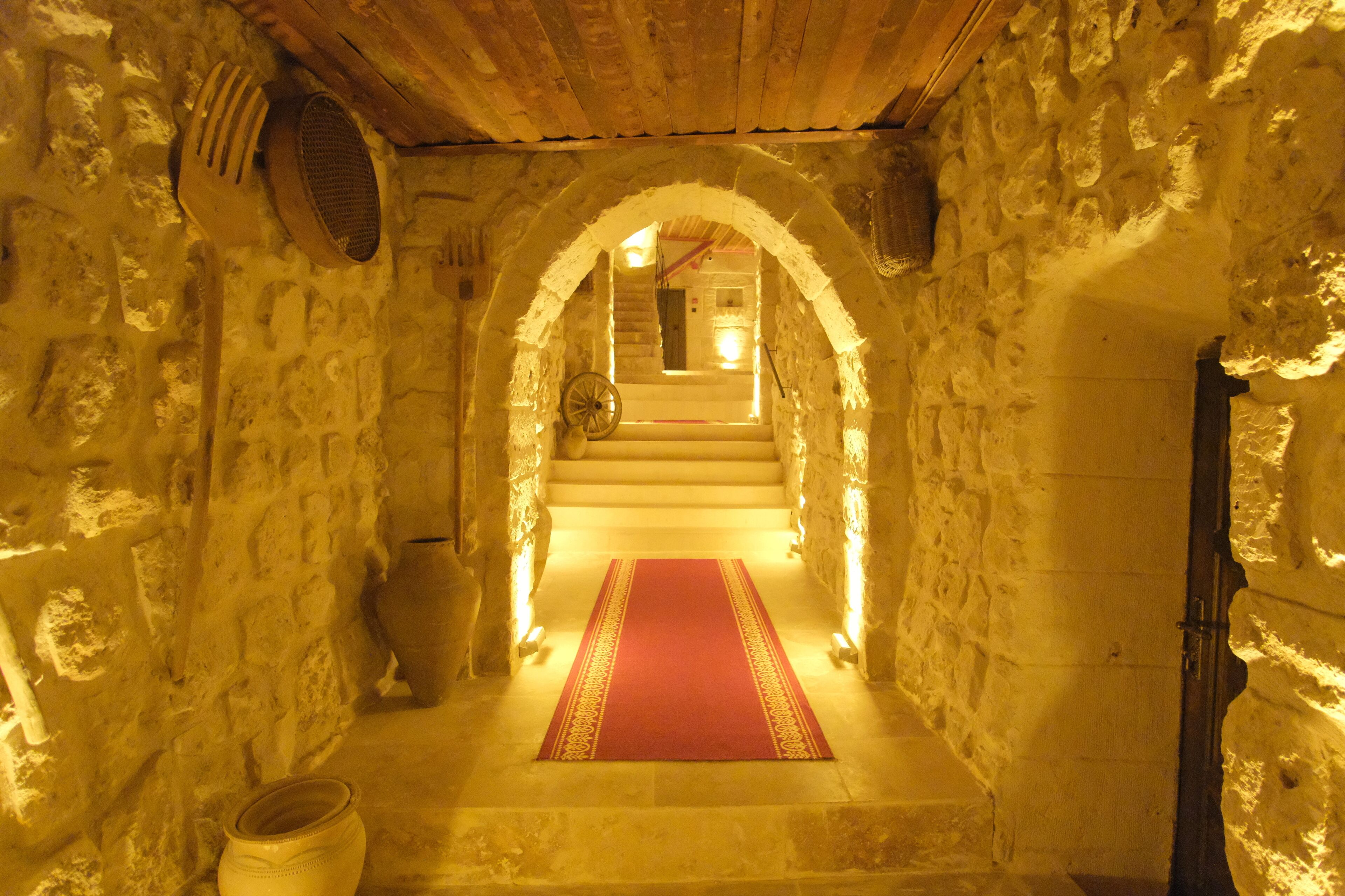 A stone-walled corridor with a red carpet, a wooden door, and a staircase leading to a lit area.