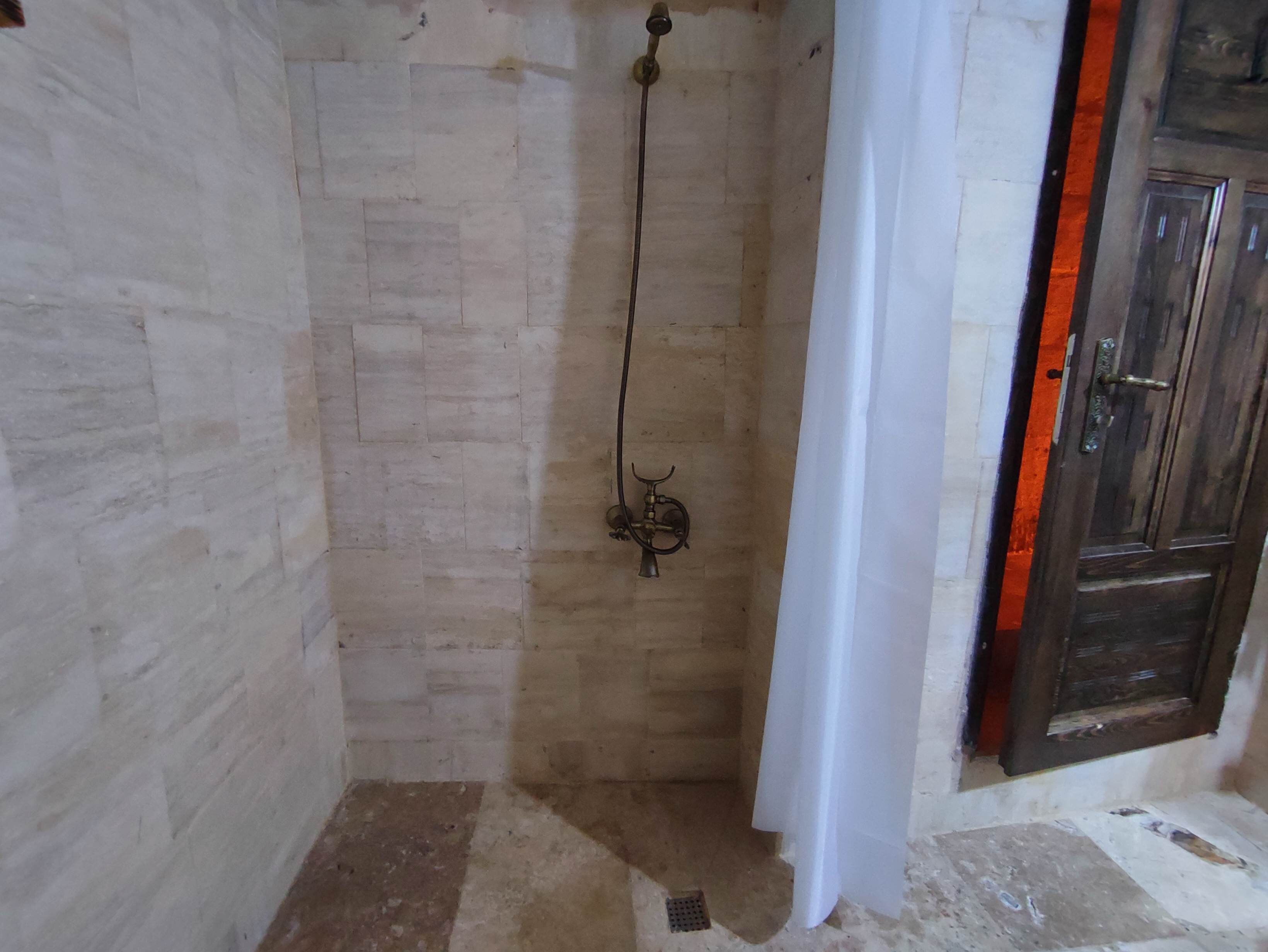 A room with a shower area, a wooden door, and a white curtain.