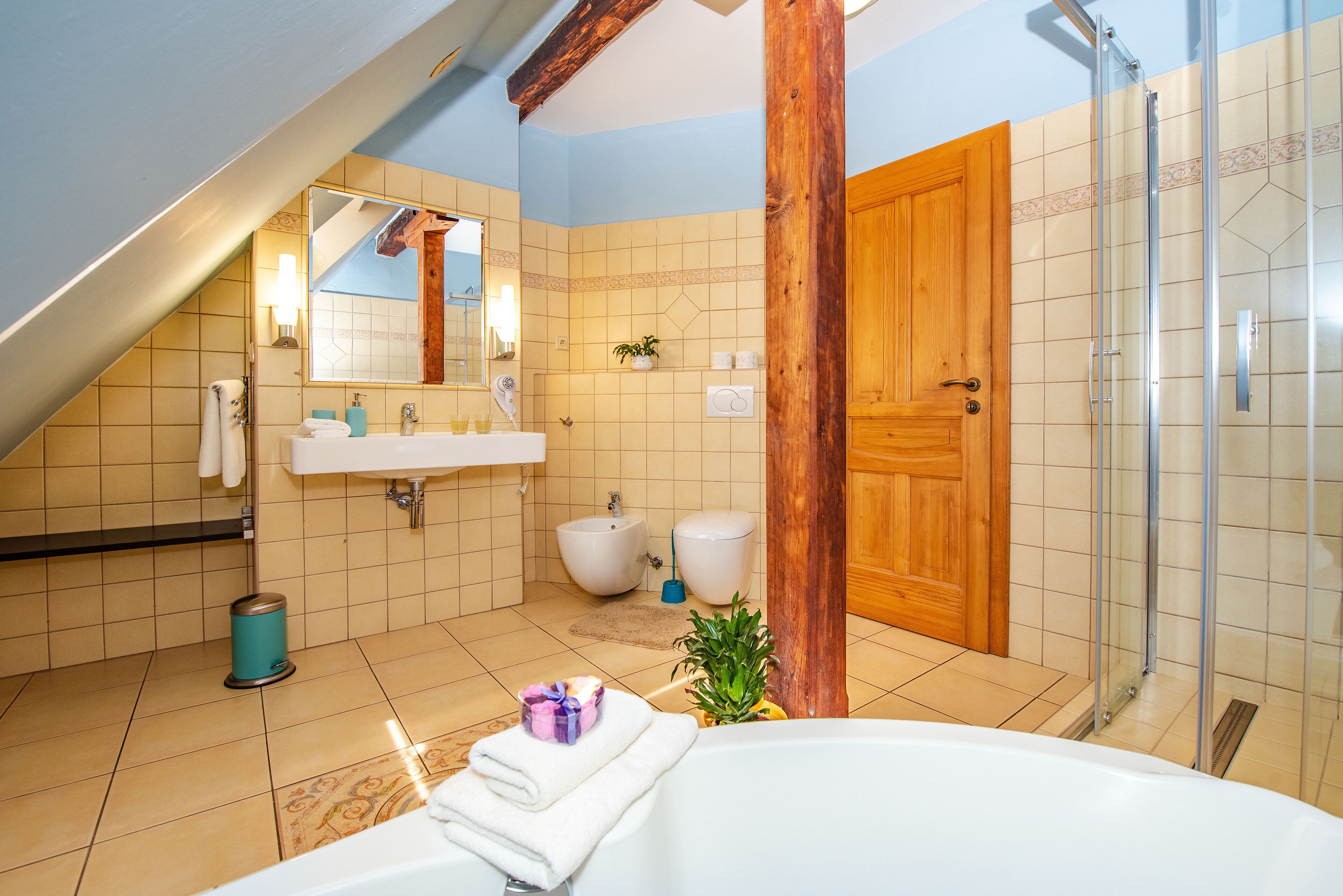 Superior appartement, meerdere bedden, keuken, uitzicht op stad | Badkamer | Een haardroger, handdoeken, zeep, shampoo