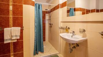 Une salle de bain avec une douche, un lavabo et un miroir.