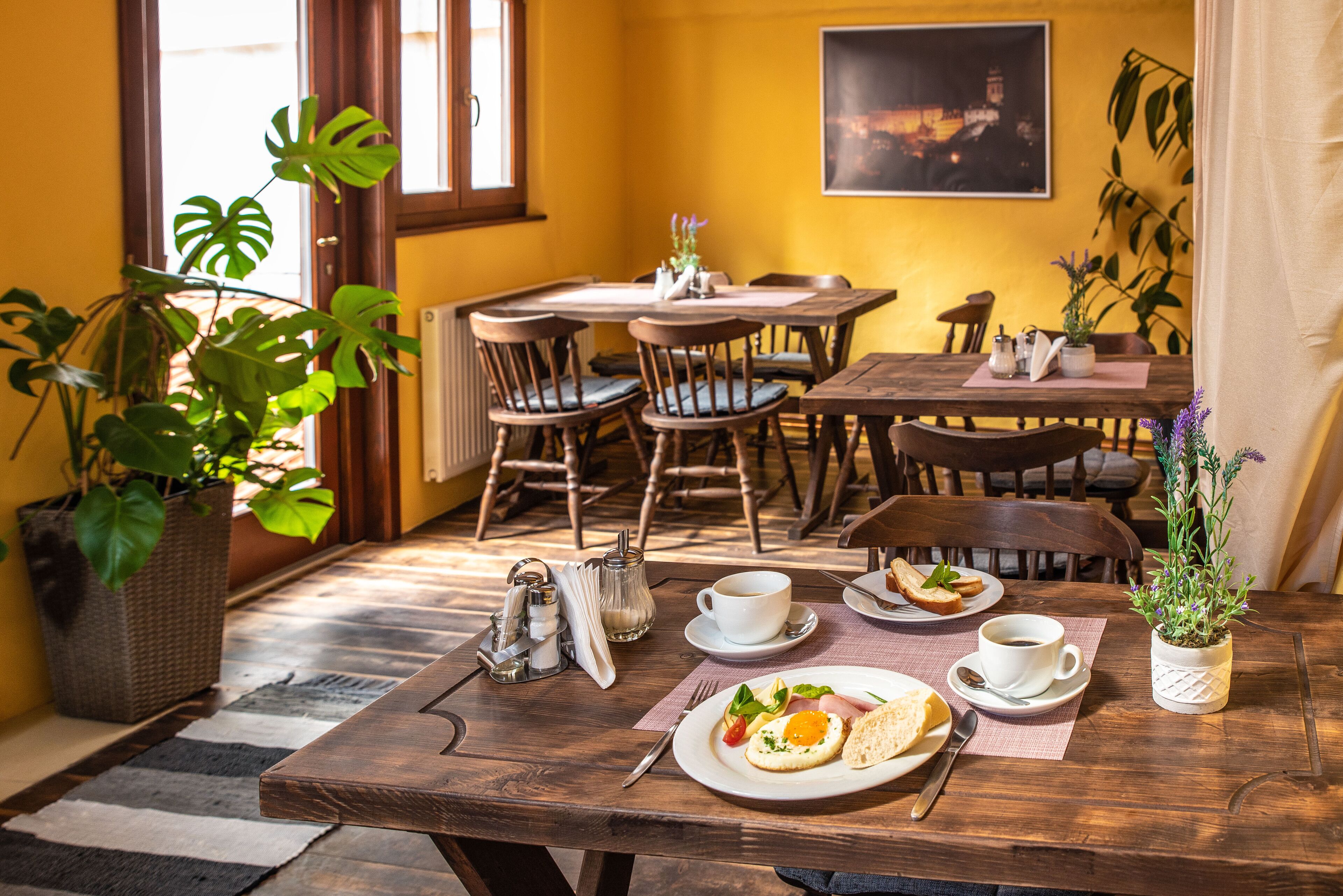 A dining area with wooden tables and chairs, a potted plant, and a table set with plates, cups, and cutlery.