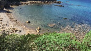A coastal landscape with clear waters, rocky shore, and vegetation.