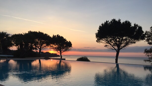An infinity pool with a sunset view, surrounded by trees and a clear sky.