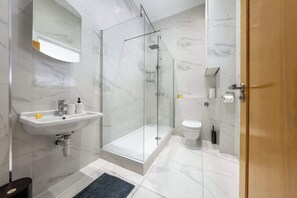 Chuveiro, secador de cabelo, toalhas de banho 