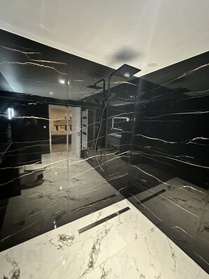 Shower, hair dryer, towels, soap