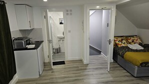 Une petite pièce comprenant un coin cuisine, une salle de bain et un lit.