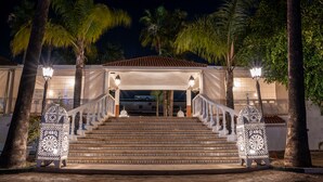 Une entrée imposante, avec un escalier menant à une zone abritée, flanquée de lanternes décoratives et de palmiers.